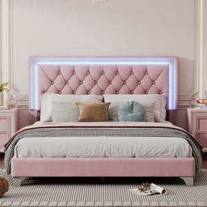 English Elm Queen Size Upholstered Bed Frame With Led Lights,Modern Velvet Platform Bed With Tufted Headboard,Pink