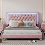 Queen Size Upholstered Bed Frame with LED Lights, Modern Velvet Platform Bed, Tufted Headboard - Pink