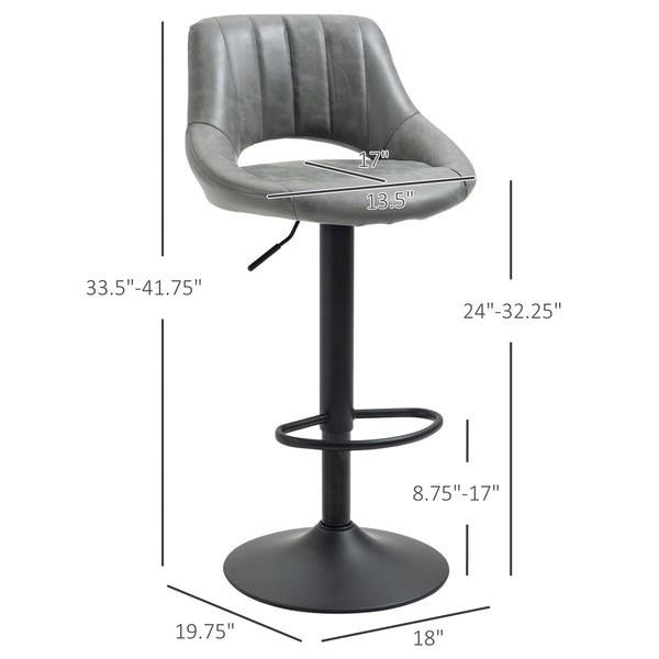 English Elm Bar Stools Set of 2 Gray PU Leather Swivel Bar Height Stools with Tufted Cushion, Adjustable, Heavy Round Base and Footrest for Kitchen Counter (33.5-41.75" H) W2225P153956