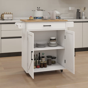 English Elm Kitchen Rolling Island Cart with Rubber Wood Top Towel Rack and Adjustable Shelves W282108546
