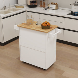 English Elm Kitchen Rolling Island Cart with Rubber Wood Top Towel Rack and Adjustable Shelves W282108546
