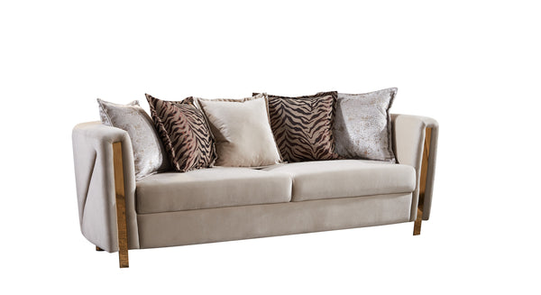 English Elm Chanelle Luxurious Beige Velvet Sofa with Gold-Finish Solid Wood Frame — Elegant 3-Seater Comfort B009P153970