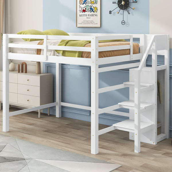English Elm Full Full Size Loft Bed with Built-In Wardrobe, Staircase Storage and Space-Saving Design for Small Rooms White SM000527AAK-1
