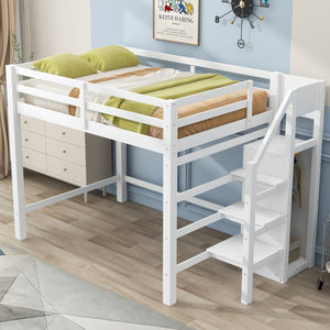English Elm Full Full Size Loft Bed with Built-In Wardrobe, Staircase Storage and Space-Saving Design for Small Rooms White SM000527AAK-1
