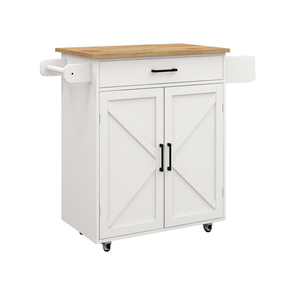 English Elm Kitchen Rolling Island Cart with Rubber Wood Top Towel Rack and Adjustable Shelves W282108546