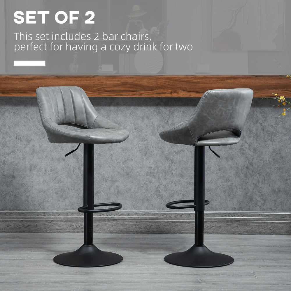 English Elm Bar Stools Set of 2 Gray PU Leather Swivel Bar Height Stools with Tufted Cushion, Adjustable, Heavy Round Base and Footrest for Kitchen Counter (33.5-41.75" H) W2225P153956