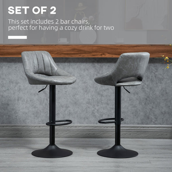 English Elm Bar Stools Set of 2 Gray PU Leather Swivel Bar Height Stools with Tufted Cushion, Adjustable, Heavy Round Base and Footrest for Kitchen Counter (33.5-41.75" H) W2225P153956