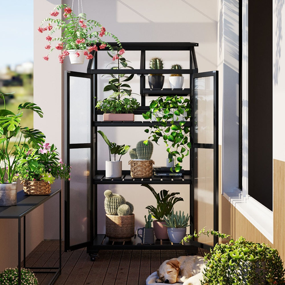 English Elm Topmax Fir Wood Polycarbonate Cold Frame Greenhouse with Wheels Adjustable Shelves Outdoor Black WF297923AAB