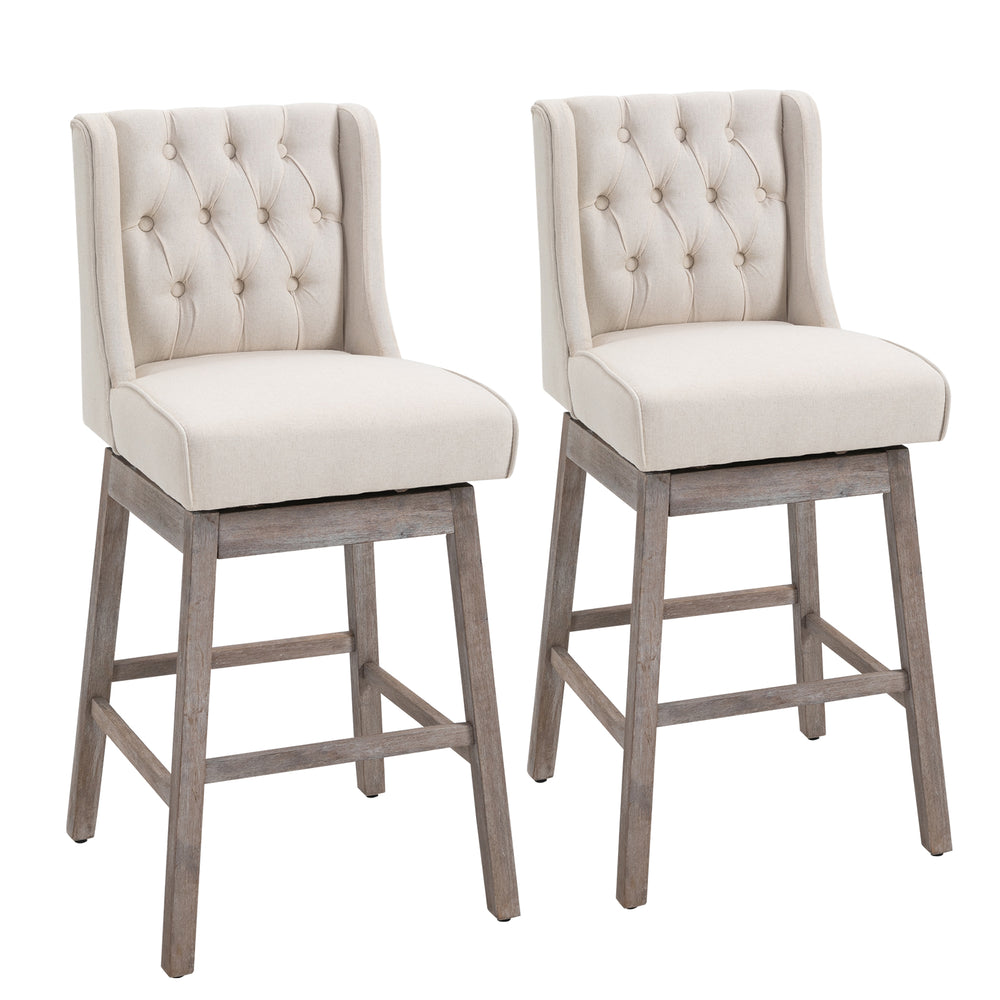 English Elm Bar Height Vintage Button-Tufted Swivel Bar Stools Set of 2, 30" Seat, Solid Wood Footrests, Beige W2225P153958