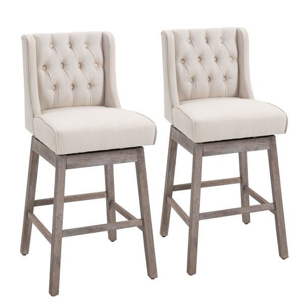 English Elm Bar Height Vintage Button-Tufted Swivel Bar Stools Set of 2, 30" Seat, Solid Wood Footrests, Beige W2225P153958