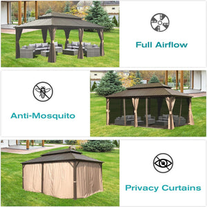 English Elm 12' X 18' Hardtop Gazebo Aluminum Pavilion with Double Roof Ventilation, Curtains & Mosquito Netting Brown W1859S00060