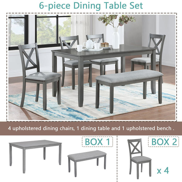 English Elm 6 Piece Kitchen Dining Set – Modern Rectangular Table & 4 Upholstered Chairs With Bench In Gray Finish W1998S00004