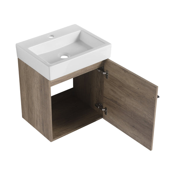 English Elm 18 inch Wall-Mounted Vanity with Ceramic Sink Top, Eco Plywood Cabinet, Dual Handles, Sleek Minimalist Design W999P149895