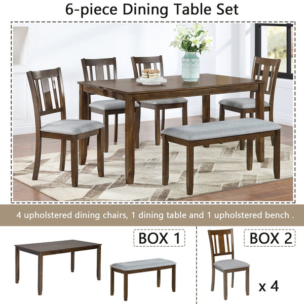 English Elm 6 Piece Walnut Dining Set - Modern Rectangular Table With Upholstered Chairs & Versatile Bench W1998S00011