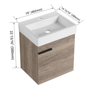 English Elm 18 inch Wall-Mounted Vanity with Ceramic Sink Top, Eco Plywood Cabinet, Dual Handles, Sleek Minimalist Design W999P149895