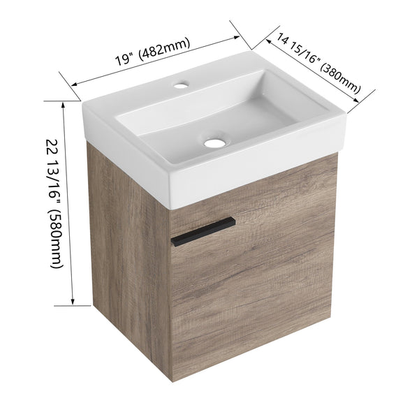 English Elm 18 inch Wall-Mounted Vanity with Ceramic Sink Top, Eco Plywood Cabinet, Dual Handles, Sleek Minimalist Design W999P149895