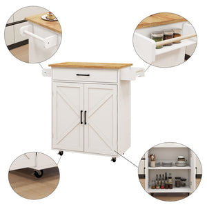 English Elm Kitchen Rolling Island Cart with Rubber Wood Top Towel Rack and Adjustable Shelves W282108546