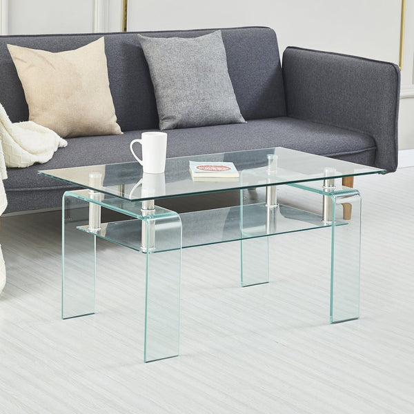 English Elm Rectangle Two Tier Tempered Glass Coffee Table Modern Living Room Center Piece W1718P153989