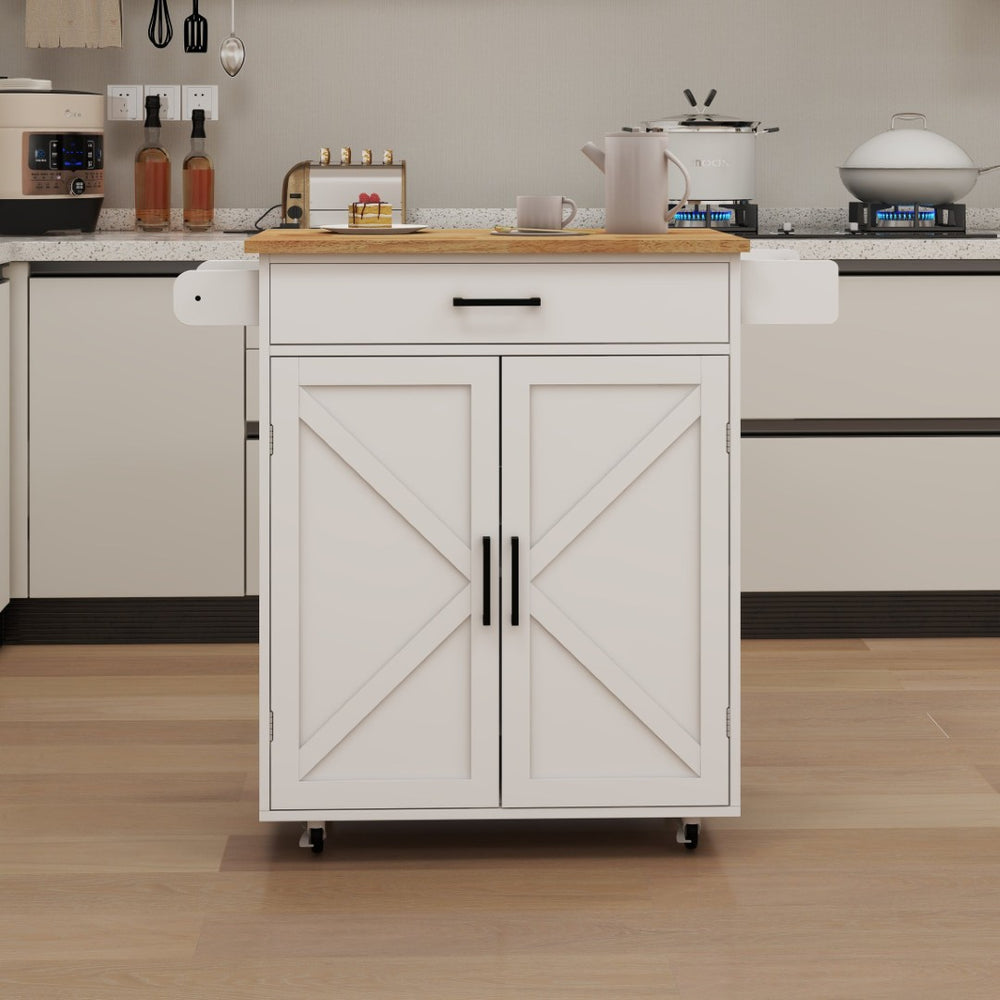 English Elm Kitchen Rolling Island Cart with Rubber Wood Top Towel Rack and Adjustable Shelves W282108546