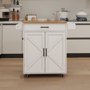 English Elm Kitchen Rolling Island Cart with Rubber Wood Top Towel Rack and Adjustable Shelves W282108546