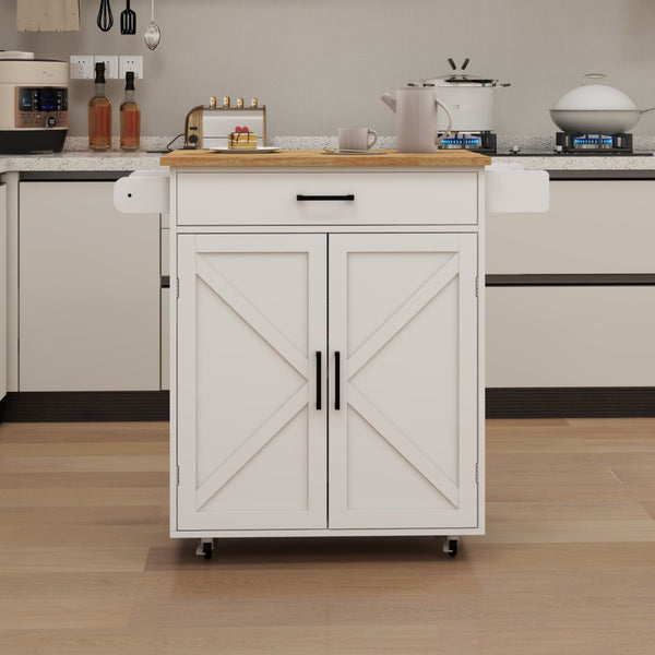 English Elm Kitchen Rolling Island Cart with Rubber Wood Top Towel Rack and Adjustable Shelves W282108546