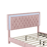 English Elm Queen Size Upholstered Bed Frame With Led Lights,Modern Velvet Platform Bed With Tufted Headboard,Pink