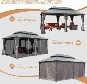 English Elm 12' 12 Ft X 20 Ft Aluminum Hardtop Gazebo with Steel Roof Netting and Curtains Patio W1859S00061