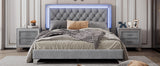 English Elm 3-Pieces Bedroom Sets,Queen Size Upholstered Platform Bed With Led Lights and Two Nightstands-Gray