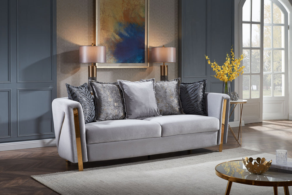 English Elm Chanelle Luxe Velvet 3-Seater Sofa with Gold-Finish Solid Wood Frame — Elegant Gray Seating Charm B009P153973