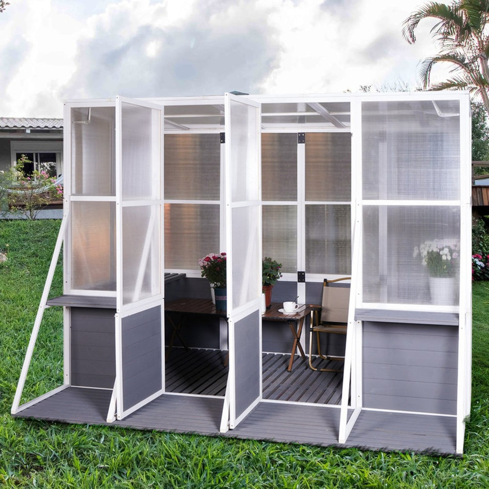 English Elm Greenhouse, Wooden Lean to Walk in Design with Polycarbonate Panels for Year Round Growing W1850S00005