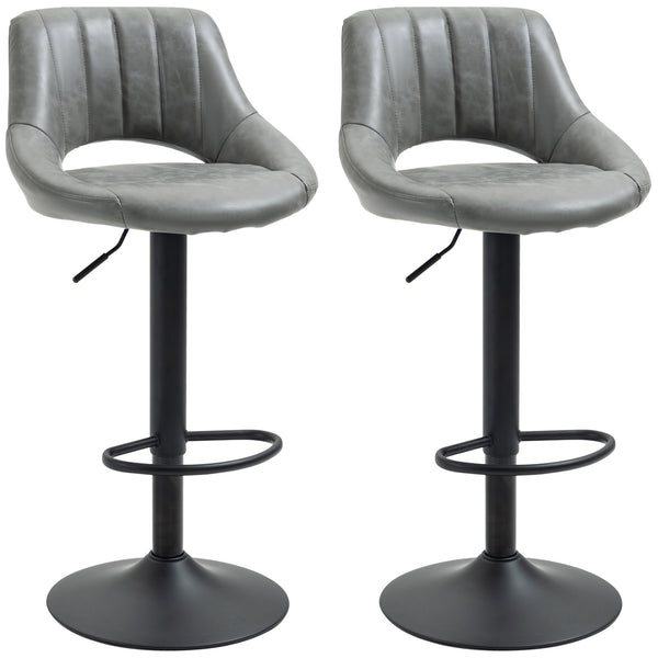 English Elm Bar Stools Set of 2 Gray PU Leather Swivel Bar Height Stools with Tufted Cushion, Adjustable, Heavy Round Base and Footrest for Kitchen Counter (33.5-41.75" H) W2225P153956