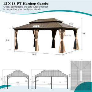 English Elm 12' X 18' Hardtop Gazebo Aluminum Pavilion with Double Roof Ventilation, Curtains & Mosquito Netting Brown W1859S00060
