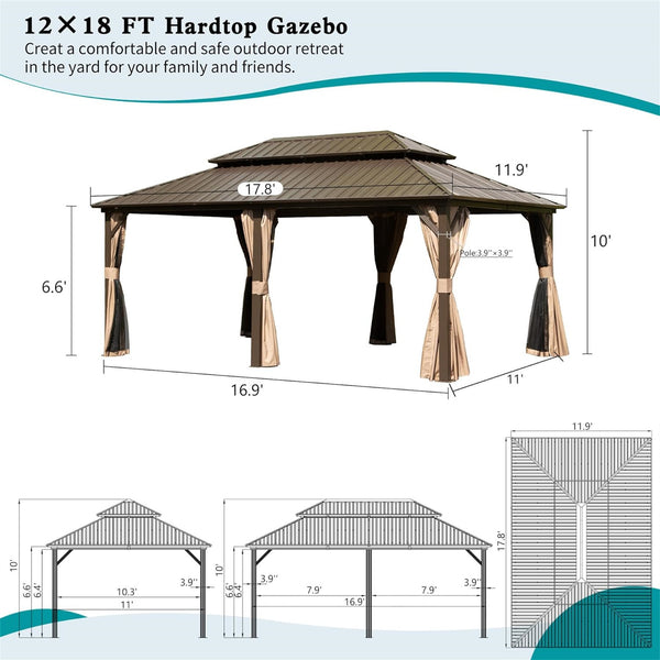 English Elm 12' X 18' Hardtop Gazebo Aluminum Pavilion with Double Roof Ventilation, Curtains & Mosquito Netting Brown W1859S00060