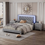 Queen Size Upholstered Bed Set with LED Lights, 2 Nightstands - Gray