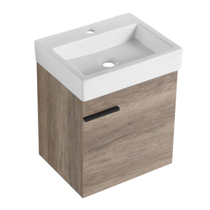 English Elm 18 inch Wall-Mounted Vanity with Ceramic Sink Top, Eco Plywood Cabinet, Dual Handles, Sleek Minimalist Design W999P149895