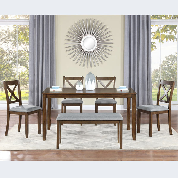 English Elm 6 Piece Kitchen Dining Set - Modern Walnut Table With 4 Upholstered Chairs & Bench For 6 People W1998S00008