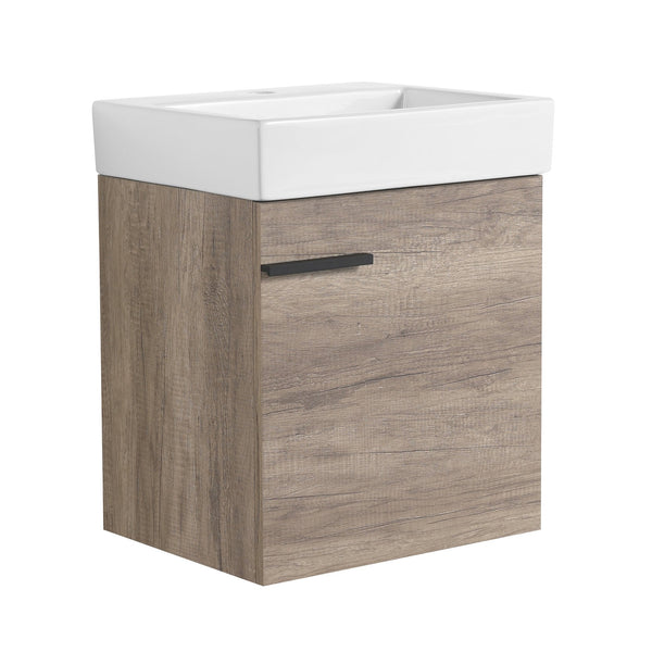 English Elm 18 inch Wall-Mounted Vanity with Ceramic Sink Top, Eco Plywood Cabinet, Dual Handles, Sleek Minimalist Design W999P149895