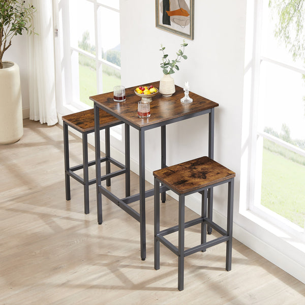 English Elm Bar Table Set Rustic Brown & Black with 2 Industrial Bar Chairs, Space-Saving Stable H-Frame, Waterproof Surface, Adjustable Feet — 23.6"x23.6"x35.4" W1668P143123