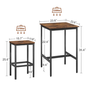 English Elm Bar Table Set Rustic Brown & Black with 2 Industrial Bar Chairs, Space-Saving Stable H-Frame, Waterproof Surface, Adjustable Feet — 23.6"x23.6"x35.4" W1668P143123