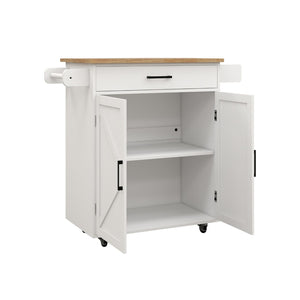 English Elm Kitchen Rolling Island Cart with Rubber Wood Top Towel Rack and Adjustable Shelves W282108546