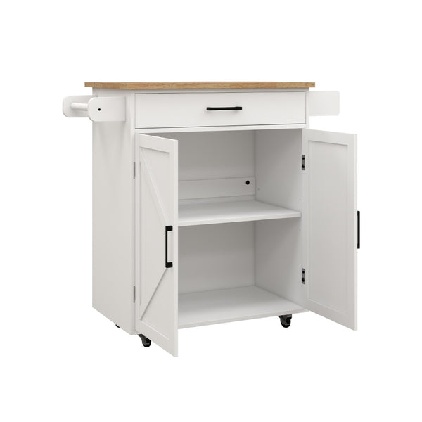 English Elm Kitchen Rolling Island Cart with Rubber Wood Top Towel Rack and Adjustable Shelves W282108546