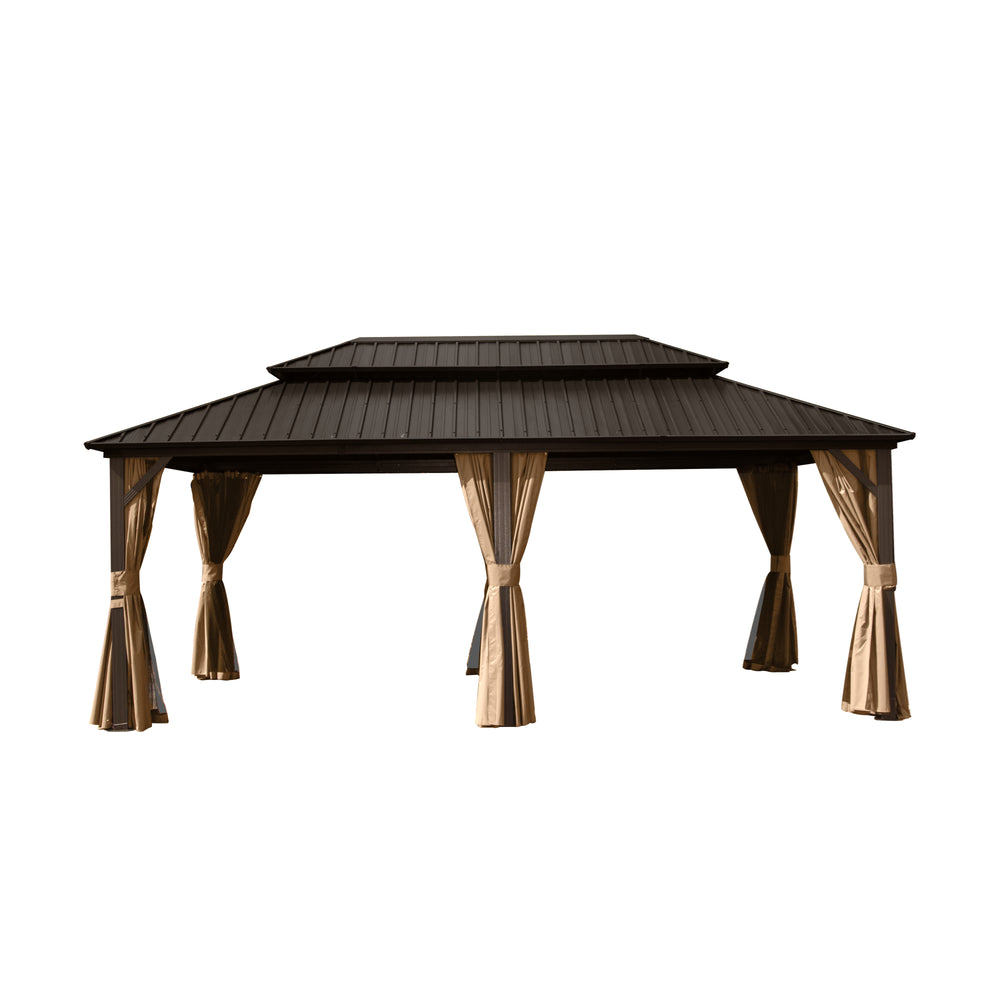 English Elm 12' X 18' Hardtop Gazebo Aluminum Pavilion with Double Roof Ventilation, Curtains & Mosquito Netting Brown W1859S00060