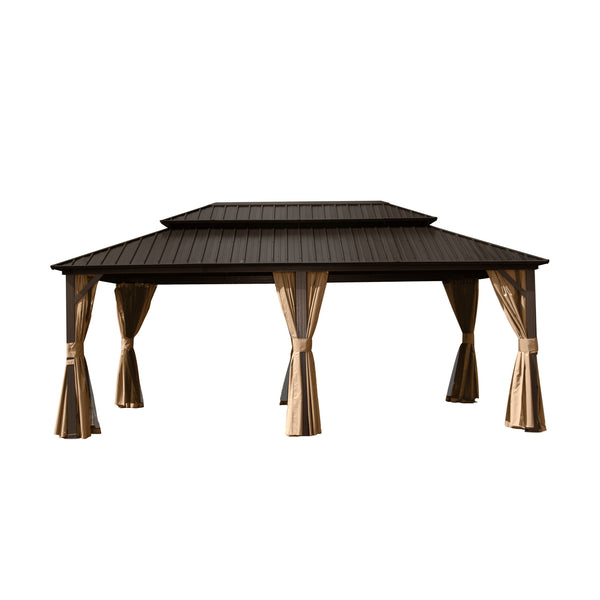 English Elm 12' X 18' Hardtop Gazebo Aluminum Pavilion with Double Roof Ventilation, Curtains & Mosquito Netting Brown W1859S00060