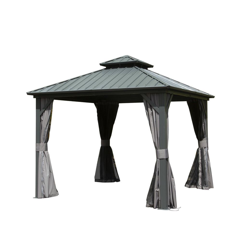 English Elm 10' Gazebo Hardtop 10' X 10' Aluminum Pavilion with Double Roof, Curtains & Mesh for Patio Gray W1859S00047