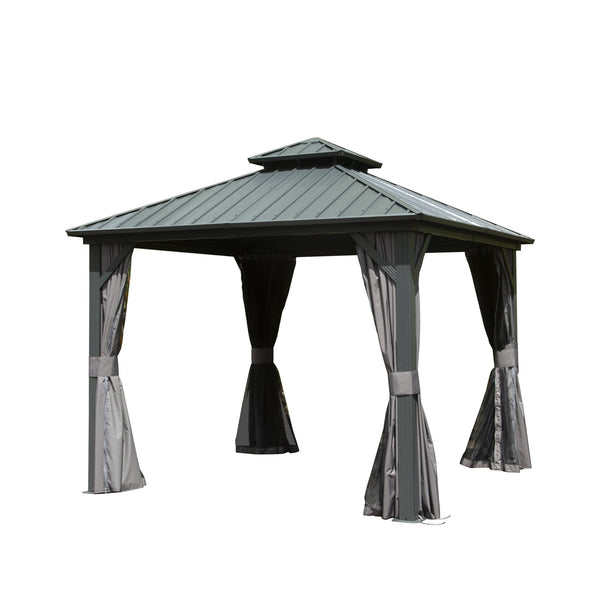 English Elm 10' Gazebo Hardtop 10' X 10' Aluminum Pavilion with Double Roof, Curtains & Mesh for Patio Gray W1859S00047