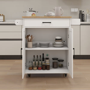 English Elm Kitchen Rolling Island Cart with Rubber Wood Top Towel Rack and Adjustable Shelves W282108546