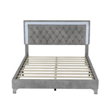 English Elm Queen Size Upholstered Bed Frame With Led Lights,Modern Velvet Platform Bed With Tufted Headboard,Gray