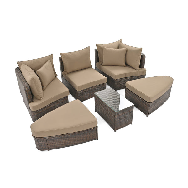 English Elm TOPMAX 6-Piece Patio Conversation Sofa Set with Modular Seating, Thick Cushions & Tempered Glass Table Brown SP100020AAE