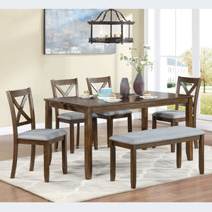 English Elm 6 Piece Kitchen Dining Set - Modern Walnut Table With 4 Upholstered Chairs & Bench For 6 People W1998S00008