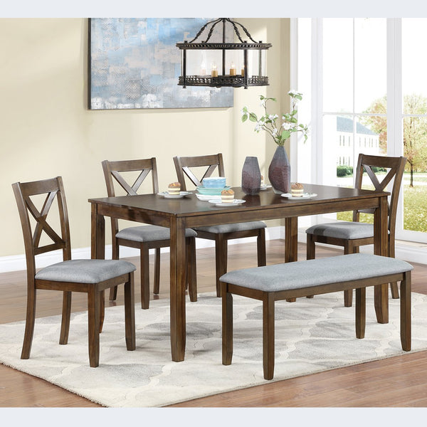 English Elm 6 Piece Kitchen Dining Set - Modern Walnut Table With 4 Upholstered Chairs & Bench For 6 People W1998S00008
